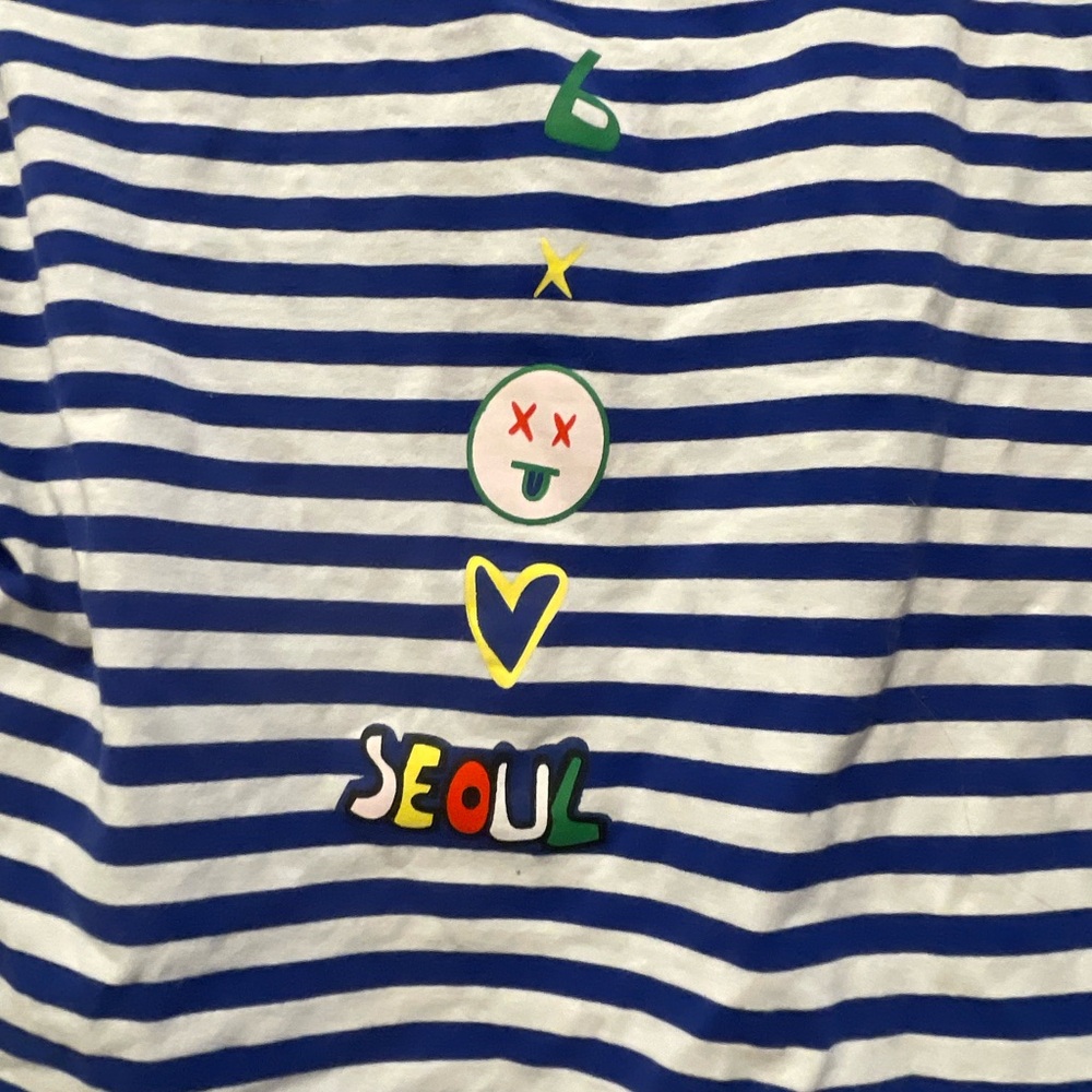 Blue and White Long Sleeve Tee with Graphic Design